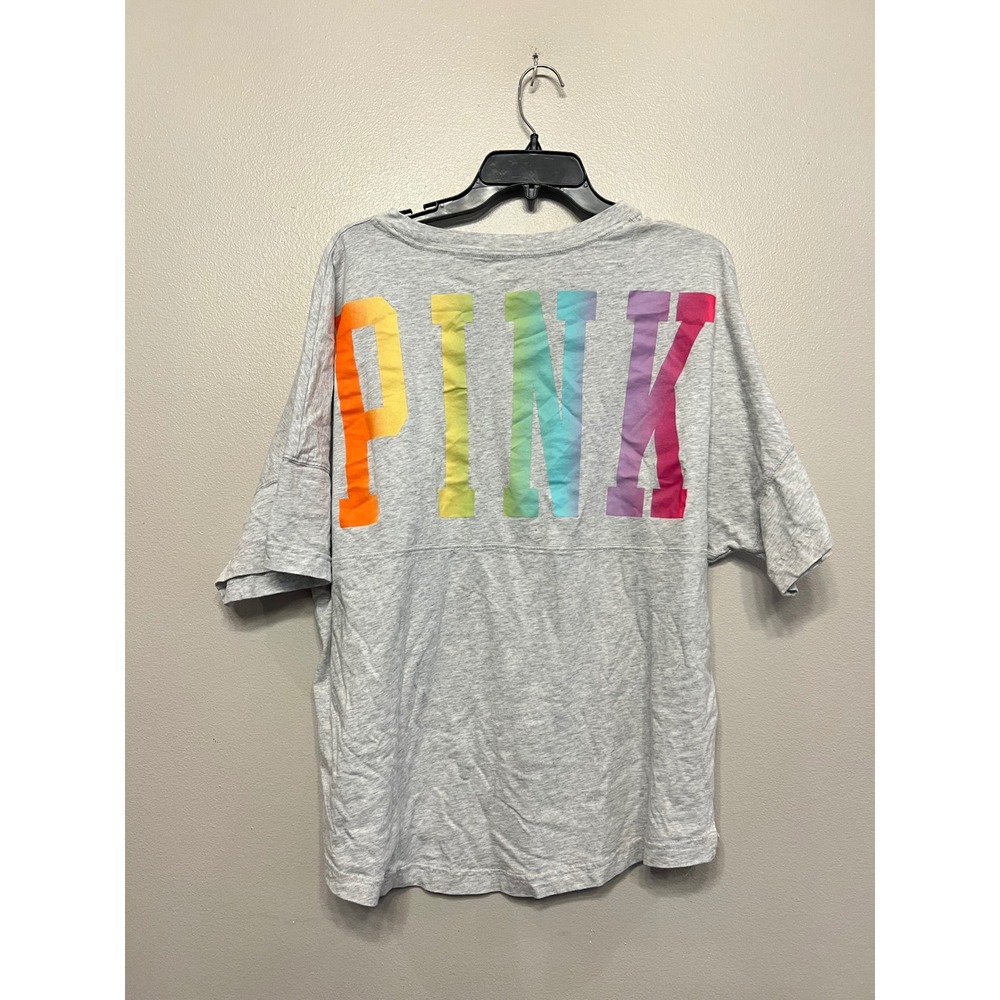 Victorias Secret PINK Rainbow Oversized Campus Pocket T-Shirt Heather Gray XL
